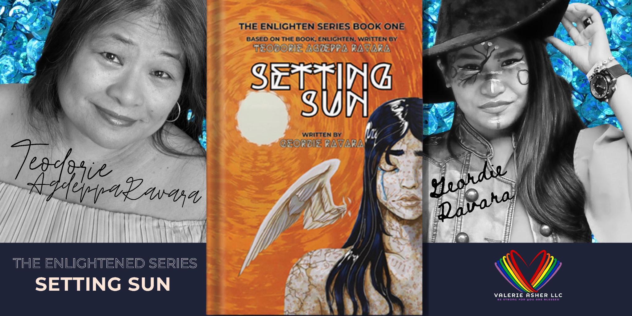 Setting Sun promotional banner featuring Teodorie Agdeppa Ravara, Geordie Ravara, and the book cover.