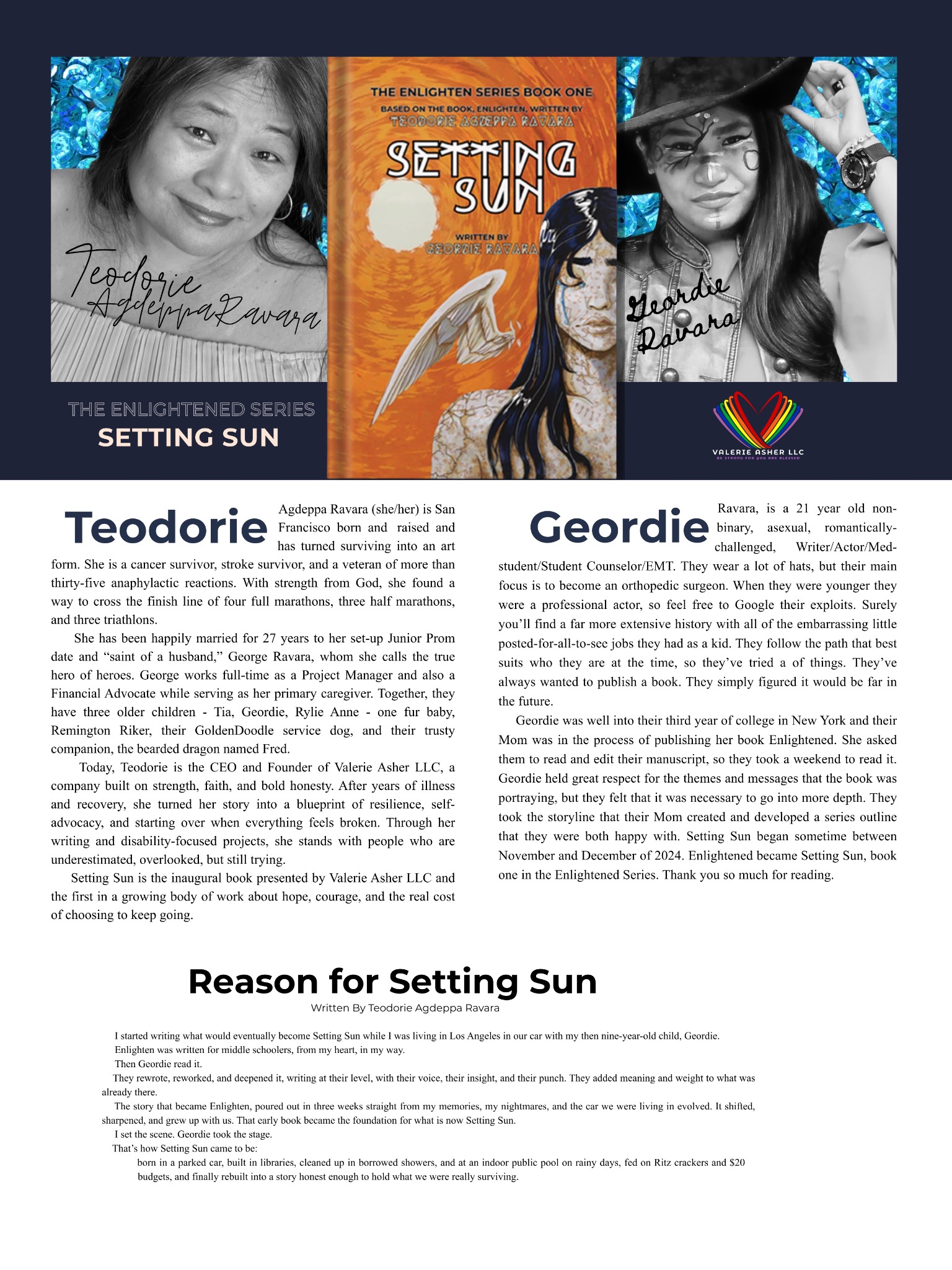 Teodorie Agdeppa Ravara and Geordie Ravara shown beside the Setting Sun cover.